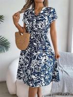 Msfilia Vestido de verano con cuello en V y cinturón plisado con estampado de moda para mujer - details 15