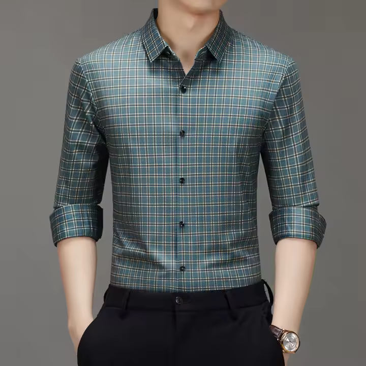 Camisa de Negocios Ligera Manga Larga de Cuadros a la Moda para Hombres Resistente a Arrugas - 1