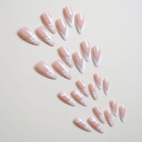 24 piezas, rosa con estampado de borde blanco, uñas postizas dulces y encantadoras reutilizables para uso diario y fiestas - details 0