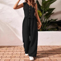 Conjunto casual de lino nuevo para mujer, chaleco con cuello en V, top sin mangas con botones frontales y pantalones largos. - details 2