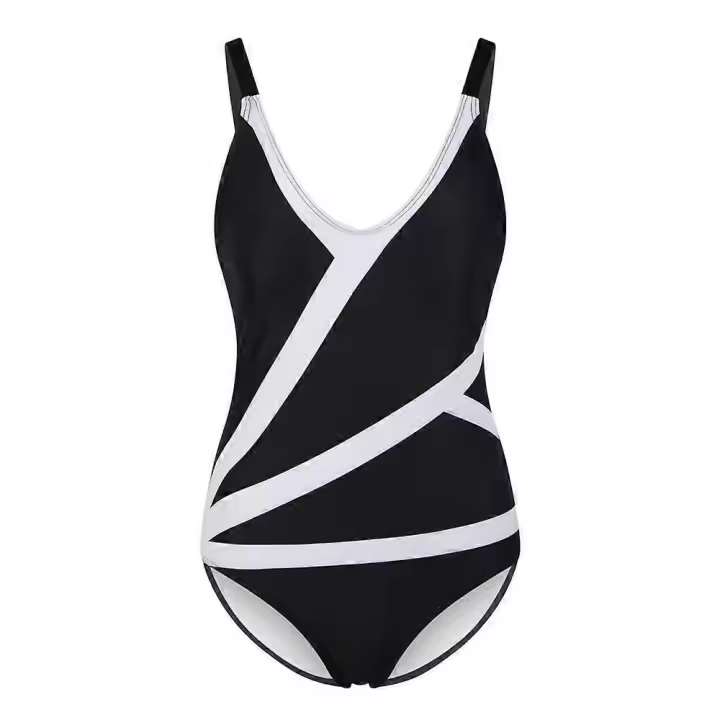Traje de Baño de Una Pieza Estiloso Cuello en V, Bloque de Colores Blanco-Negro - 1