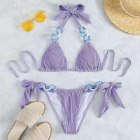 Conjuntos de bikini para mujer Traje de baño de dos piezas con cuello halter Traje de baño acanalado de corte alto con tanga lateral Traje de baño sexy acolchado - details 10