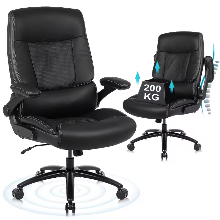 Silla Escritorio, Silla Oficina de 200 kg para Personas Pesadas, Silla Ergonómica Escritorio con Reposabrazos Abatibles, Sillas Escritorio de Cuero PU, Respaldo Alto, Negro - 1