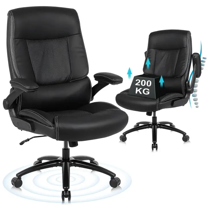 Silla Escritorio, Silla Oficina de 200 kg para Personas Pesadas, Silla Ergonómica Escritorio con Reposabrazos Abatibles, Sillas Escritorio de Cuero PU, Respaldo Alto, Negro - 1