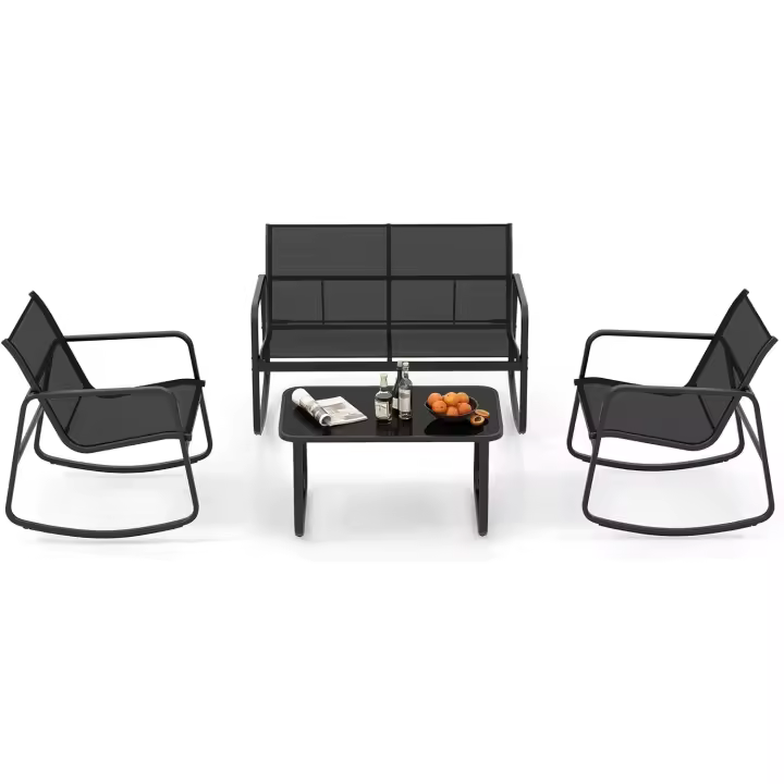 Muebles Jardin Exterior 4 Piezas, 2 Mecedoras y Sofá de 2 Plazas con Mesa con Tapa de Cristal, Mesa y Sillas Terraza, Conjunto Jardin Exterior Balcon (Negro) - 1