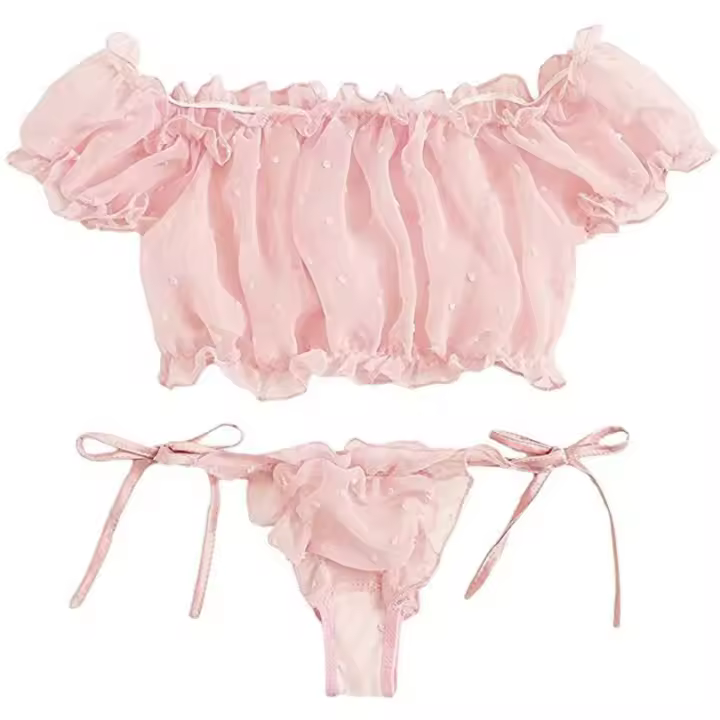 Conjunto de Bikini para Mujer Tanga de Baño Informal de Manga Corta con Cordones y Hombros Descubiertos Ropa de Playa Sexy, 2 uds. - 1
