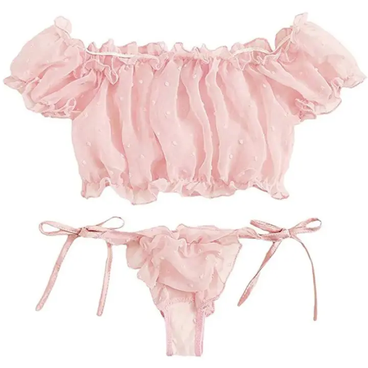 Conjunto de Bikini para Mujer Tanga de Baño Informal de Manga Corta con Cordones y Hombros Descubiertos Ropa de Playa Sexy, 2 uds. - 1