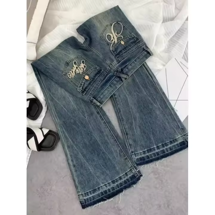 Vaqueros Retro Americanos de Cintura Baja para Mujer Novedad de Otoño, Bordado, Moda Informal Antigua, Temperamento, Pantalones Ajustados con Campana del Joker - 1