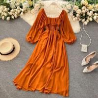 Nuevo modelo de vestido maxi elegante con cuello cuadrado para mujer, gasa lisa con mangas abullonadas, bata de fiesta en la playa, vestidos con volantes vintage - details 2