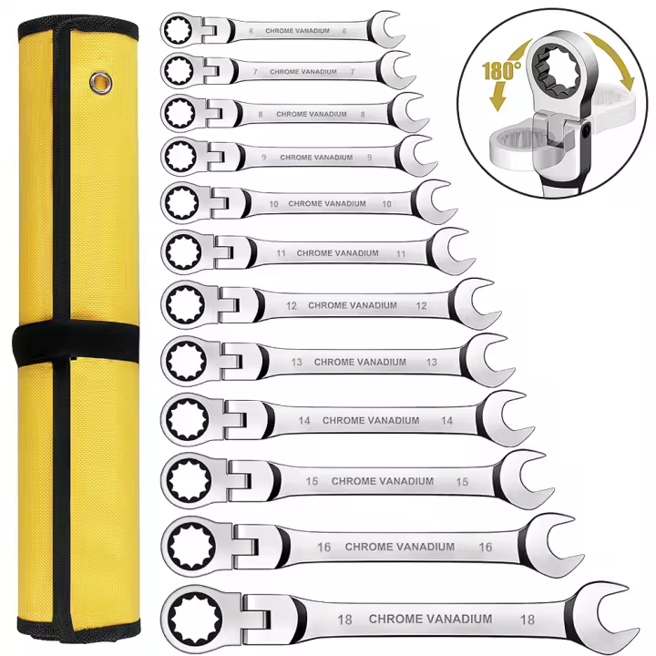 Llave de trinquete de combinación de anillo de engranaje 1set Herramienta de reparación de automóviles con cabeza flexible metrica en bolsa de lona Material de acero cromo-vanadio 7 piezas - 1