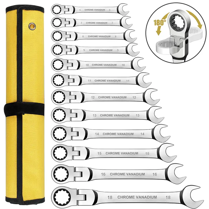 Llave de trinquete de combinación de anillo de engranaje 1set Herramienta de reparación de automóviles con cabeza flexible metrica en bolsa de lona Material de acero cromo-vanadio 7 piezas - 1