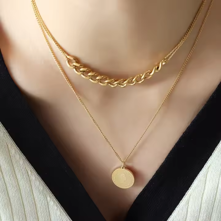 Cadena con paneles de hip-hop, colgante de medallón con retrato de reina doblemente apilado, collar, cadena de suéter de invierno - 1