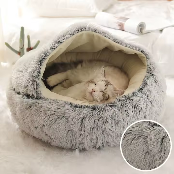 Cojín redondo de felpa larga para mascotas, Cama Gato, casa para gatos, 2 en 1, Invierno - 1
