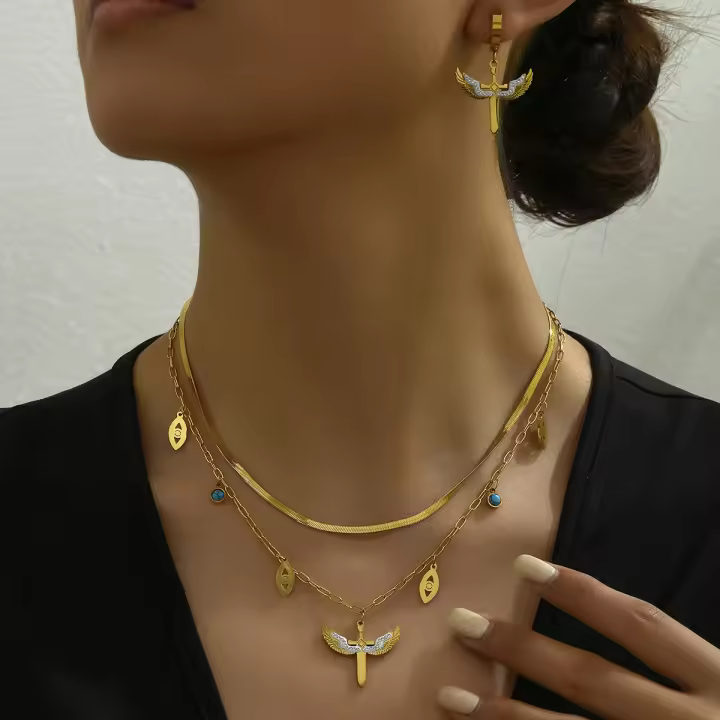 Conjunto de Pendientes y Collar de Zirconia Retro de Doble Capa Diseño Cruzado de Frontera - 1