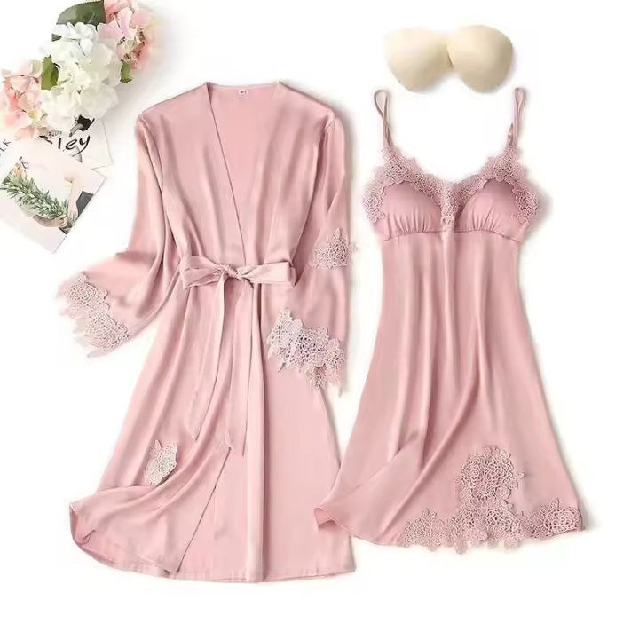 Pijama de seda estampado de dos satén para mujer, albornoz+pijama, conjunto de salón, pijama - 1