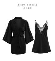 Grandeur Plus Size Sexy Color sólido Encaje Bordado Bata Cardigan Vestido de corte bajo Conjunto de ropa de descanso - details 30