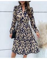 Elegante Vestido de Manga Larga con Estampado de Leopardo Cuello en V, Cintura Ajustada con Lazo, Falda Plisada 100% Poliéster - details 5