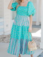 Vestido bohemio de mujer con manga abullonada, cuello cuadrado, estampado floral, vestido largo y fluido - details 9