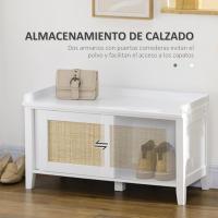 Zapatero con asiento, mueble zapatero con banco, 2 puertas de ratán, estilo bohemio, carga 130 kg, para pasillo de entrada, 80x35x45 cm, blanco y natural - details 3