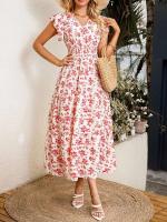 Vestido largo profesional floral casual de moda con mangas con volantes, tela elástica con cuello en V, falda larga Holida, ropa de mujer, - details 3