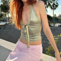 BUNO-Ropa Y2k con ribete De encaje y pajarita, camisetas sin mangas para Mujer Y2k 2000s, Top corto estético Retro con escote en V profundo y espalda descubierta, Ropa De Mujer De verano - details 2