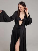 Bata de satén blanca y negra para mujer, vestido de noche de manga larga acampanada, vestido de novia Sexy - details 4