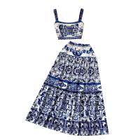 Conjunto de dos piezas a juego para mujer, Top corto con estampado de porcelana azul y blanca, Falda Midi oscilante - details 3