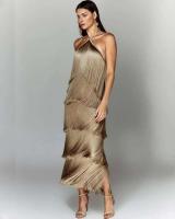 Vestido con abertura y espalda descubierta con flecos y cuello a la moda para mujer - details 0