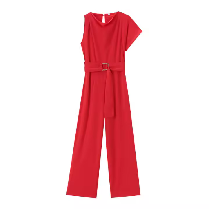 Mono asimétrico con cinturón para mujer, peto largo sin mangas, elegante, con hebilla, informal, de un hombro - 1
