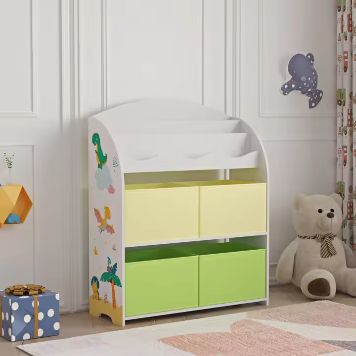 Estantería para Niños de 3 Niveles y 4 Cajas Diseño de Dinosaurio Verde/Amarillo - 1