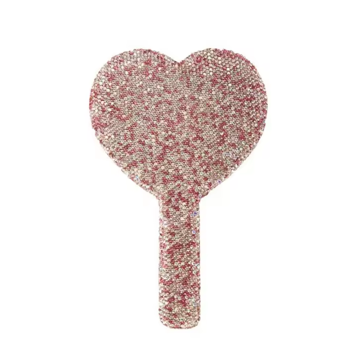Espejo de maquillaje de mano cuadrado/redondo, espejo de corazón de amor con diamantes de imitación brillantes, herramientas de belleza bonitas, espejo cosmético de mano para chica - 1