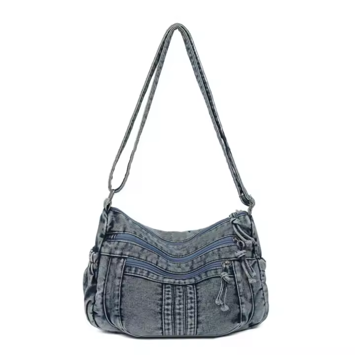 Bolso cruzado Retro vaquero de tela vaquera con cremallera de alta capacidad para mujer, bolso para axila, bolso de lona con correa ajustable, ropa informal - 1