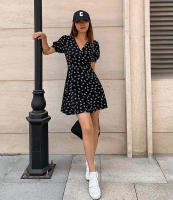 Vestido largo de estilo francés con estampado floral, pequeño, negro, otoño, nuevo, manga corta, cintura con abertura, corte en A - details 11