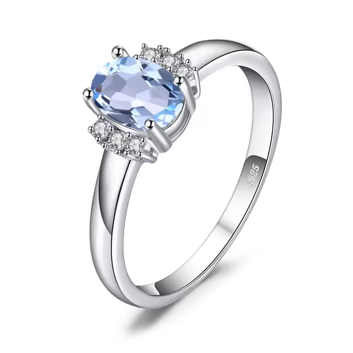 Anillo de Compromiso de Plata de Ley 925 with Topacio Azul Cielo, joyería FINA ovalada with Gemas, Gift de Aniversario - 1