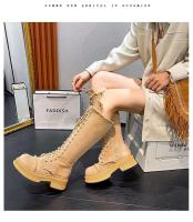 Botas de mezclilla hasta la rodilla para mujer con tacones puntiagudos y gruesos y bordado clásico para mayor resistencia al deslizamiento. - details 2