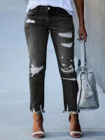 Pantalones vaqueros ajustados recortados con dobladillo crudo rasgados, pantalones ajustados de cintura alta, ropa de mezclilla para mujer - details 0