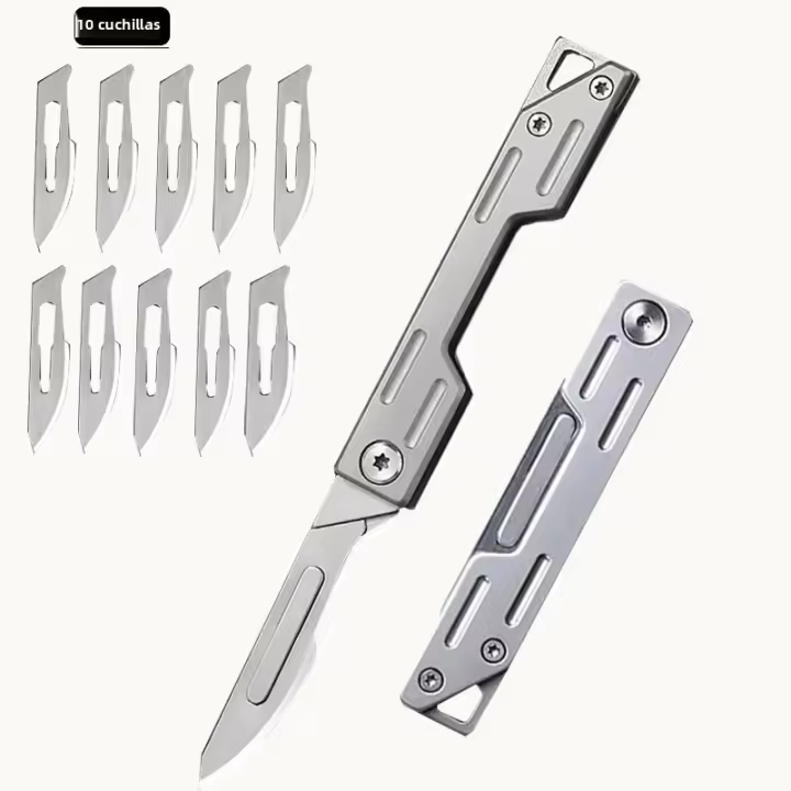 Cuchillo plegable de acero inoxidable con llavero, cuchillo quirúrgico de bolsillo con hoja reemplazable, kit de cuchillos para manualidades - 1