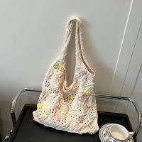 Bolso de hombro dulce bolso de mano de ganchillo con dije de flor, bolso tejido con hilo de flores transpirable, bolso tejido de gran capacidad de color caqui para playa - details 17