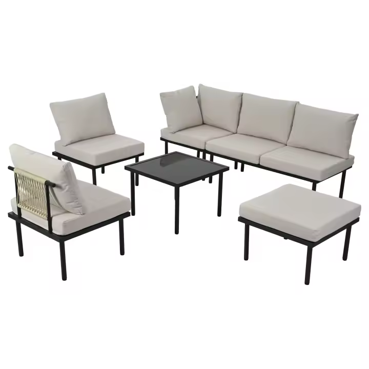 Conjunto de Jardín Loungesessel Marco de Hierro Templado, 6 Piezas, Muebles de Jardín con Almohadillas Ajustables, Placa de Mesa de Vidrio Liso, Sillones y Cojines de Almohada - 1