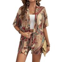 Estampado vacacional elegante blusa de dos piezas manga corta top con cordones talle alto shorts blaster - details 10