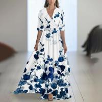 2025 Nueva ropa de mujer, vestido largo estampado con cuello con cuentas, azul - details 9