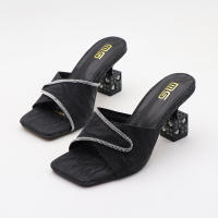 Pantuflas exteriores con diamantes de imitación, puntera cuadrada sencilla para mujer, sexys y versátiles. - details 3
