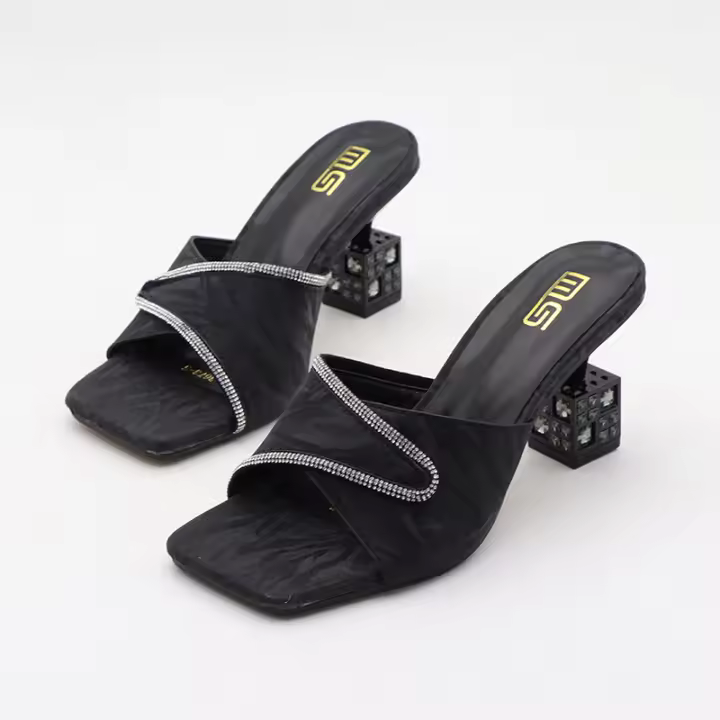 Pantuflas exteriores con diamantes de imitación, puntera cuadrada sencilla para mujer, sexys y versátiles. - 1