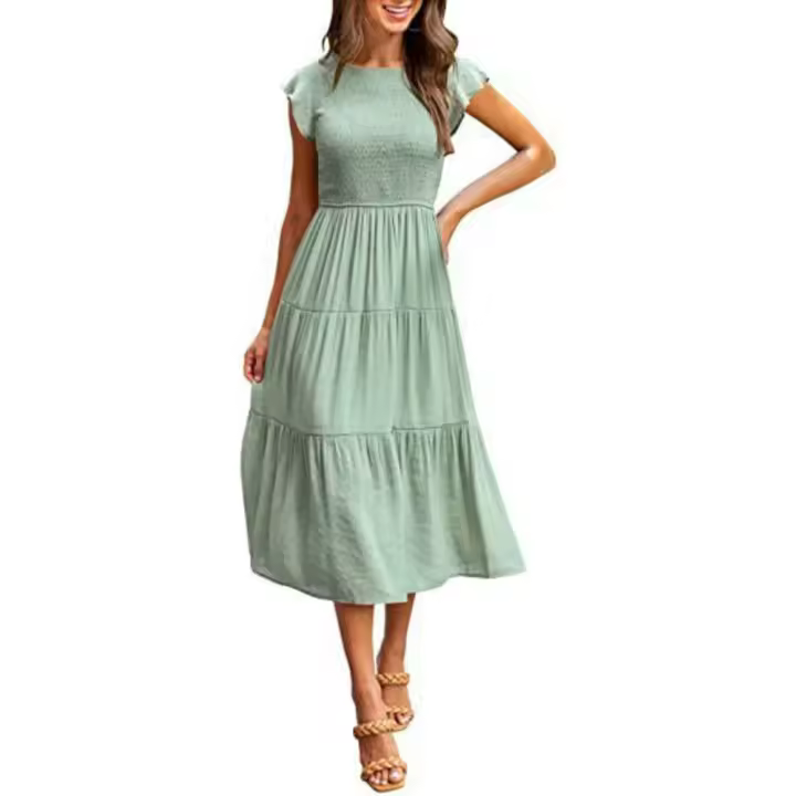 Nuevo Primavera/Verano 2025 vestido de mujer de manga corta con capas plisadas voladoras - 1