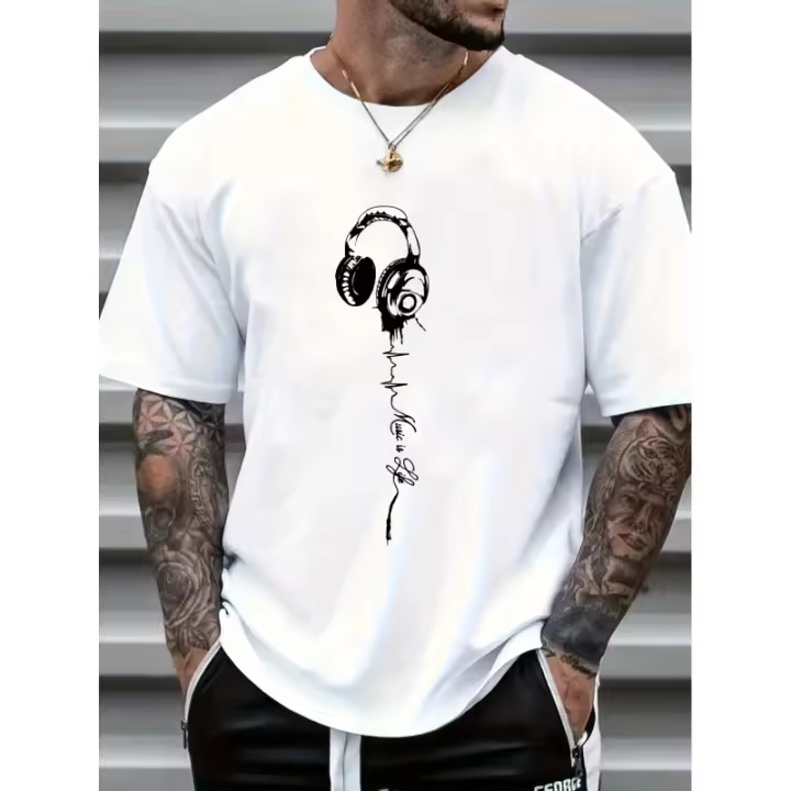 Camisetas de manga corta con estampado musical para hombre, cómodas camisetas informales elásticas con cuello redondo, ropa para hombre - 1