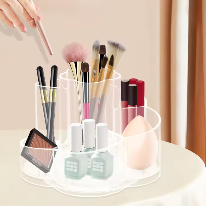 Organizador de maquillaje giratorio 360, soporte de almacenamiento de cosméticos transparente, bandeja con 6 compartimentos, cepillo de maquillaje, brillo de labios, armario de baño - 1