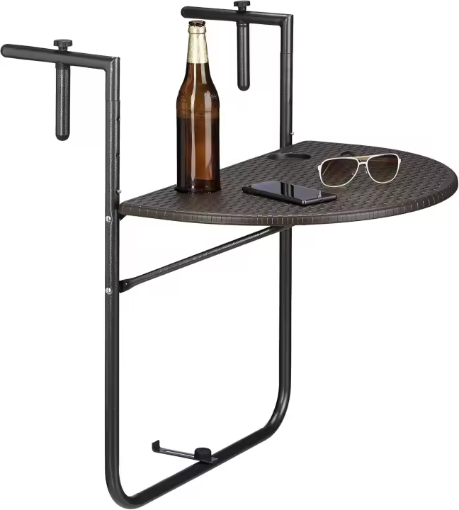 Mesa Plegable Colgante para Balcón Bastian, 3 Alturas, Mesa de Ratán, Tablero de 60x40cm, Barandilla, Marrón - 1