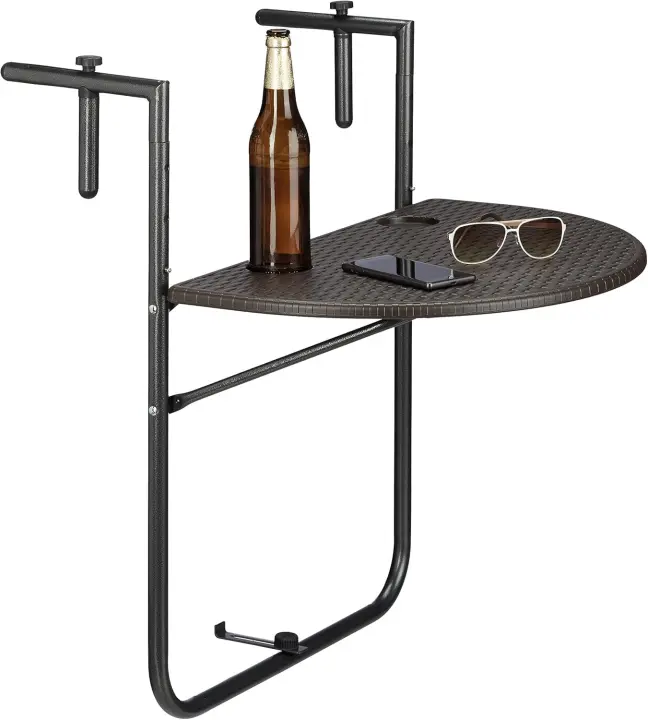 Mesa Plegable Colgante para Balcón Bastian, 3 Alturas, Mesa de Ratán, Tablero de 60x40cm, Barandilla, Marrón - 1