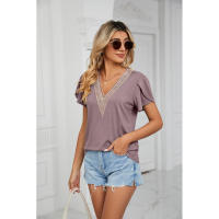 BUNO-2025 Camiseta holgada de manga corta con cuello en V para mujer, Top informal de encaje de Color puro, camiseta holgada cómoda y transpirable para verano - details 29