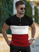 Camiseta deportiva informal de manga corta de verano para hombre, con costuras tricolores y cuello en V con muescas, estilo Henry - details 21